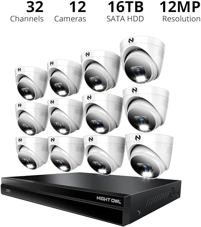 Night Owl 2-Way Audio 32 Channel 12MP NVR with 16TB HDD and 12 Wired IP 4K Deterrence Dome Cameras