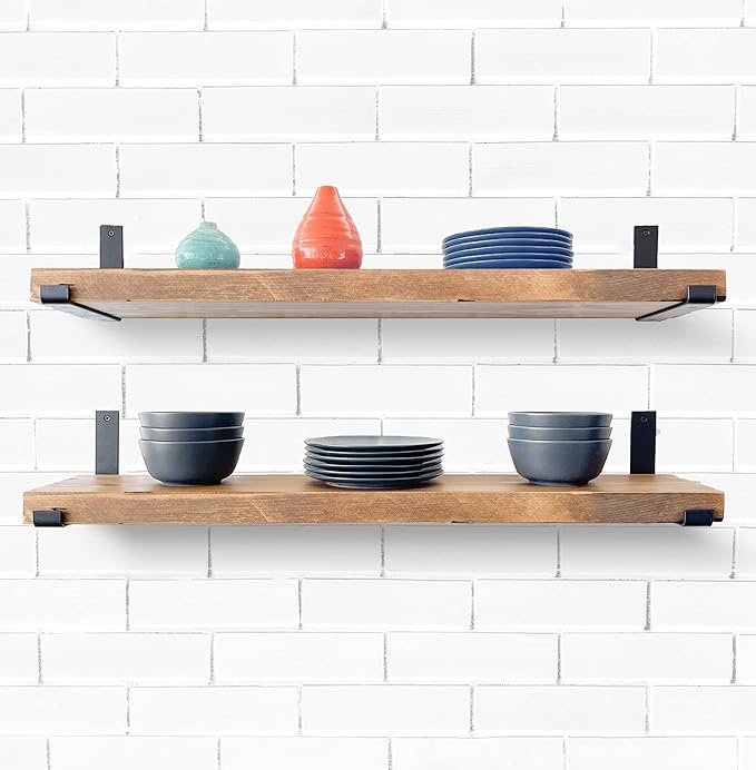 Rustic Shelves with J-Brackets Set of 2, Industrial Shelf, Kitchen Shelves, Solid Wood, Decorative Wall Storage, Heavy Duty, URBANDI (Brown, 12Wx6D)