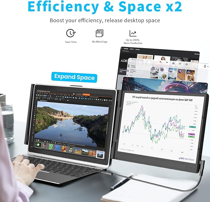 Laptop Screen Extender 14" - FHD 1080P IPS Laptop Monitor Extender Dual Screen, Portable Monitor for Laptops 13-17" with USB-C/HDMI Port, Built-in Speakers, Plug n Play for Mac, Win, Android