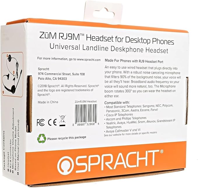 Spracht Wired Headset for Desktop Phone | Single Ear Universal Headset for Office Telephones | Mono Head Set with Microphone - Works with Polycom Digium Nortel Yealink Grandstream Cisco Zum RJ9