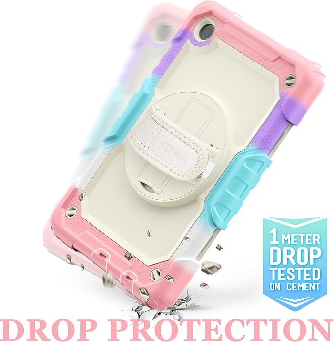 SEYMAC stock Case for Samsung Galaxy Tab A7 Lite 8.7'' with Screen Protector Pencil Holder [360 Rotating Hand Strap] &Stand, Drop-Proof Case for Samsung A7 Lite 2021 SM-T220/T225/T227, Yellowish/Pink