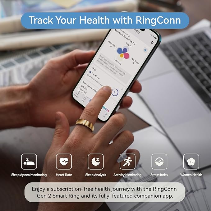 RingConn Gen 2, World’s First Smart Ring with Sleep Apnea Monitoring, No APP Subscription, 12-Day Battery Life, Stress/Heart Rate/Women's Health Tracker, Android & iOS Compatible (Rose Gold, Size 6)