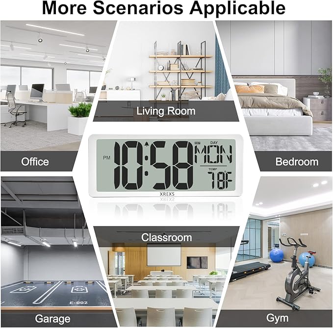 XREXS Digital Wall Clock with Backlight (Not Constantly Illuminated), 14.17 Inch Large Wall Clock with Remote Control, Count Down Timer, Battery Operated Digital Clock with Temperature, Date&Week