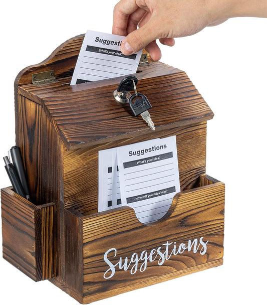 MyGift Rustic Burnt Solid Wood Suggestion Box, Wall Mountable Feedback Collector with White Cursive Suggestions Lettering, Comment Card Slot, Pen Holder, Top Lock and Keys