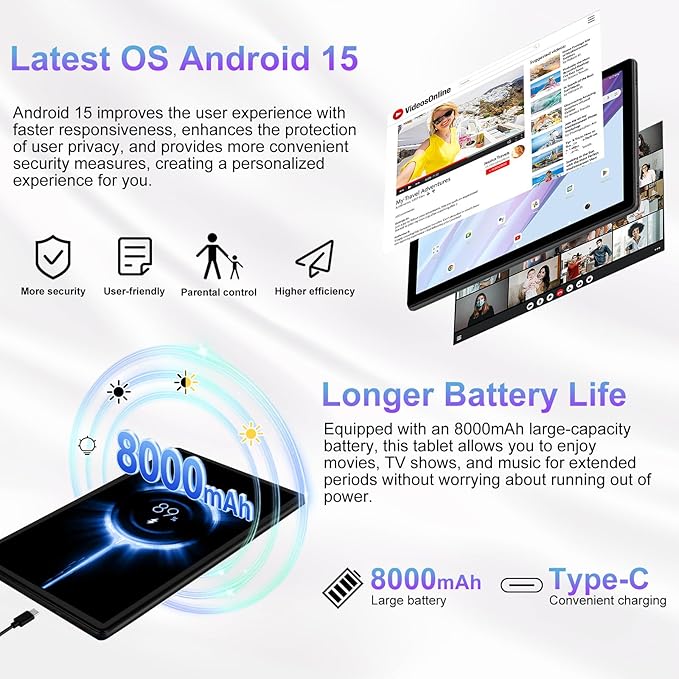 2025 Tablet 10 inch Android 15 Tablets 30GB RAM 128GB ROM 1TB Expand, 8000mAh Octa-Core Tablet with Drop-proof Case, Gemini AI, HD IPS Display, GPS, 5G WIFI, Split-screen, Widevine L1 -Metal Rose Red