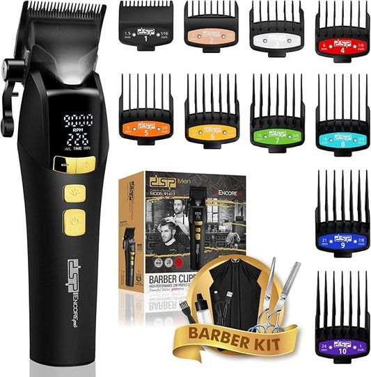 DSP Hair Clipper for Men Professional, Cordless DLC Coated Ceramic Blade, Five-Speed Adjustable 9000RPM, Hair Cutting Tool for Barbers, with Indicator Light Plug and Play, Black