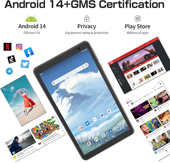 8 inch Tablet Android 14 Tablets,Quad-Core Tablet PC,8GB RAM+64GB ROM 512GB Expand,5000mAh Battery, 2+8MP Dual Cameras, Bluetooth, 2.4G/5G WiFi Tablets(Gray)