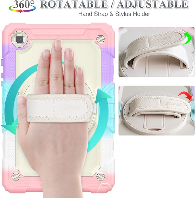SEYMAC stock Case for Samsung Galaxy Tab A7 Lite 8.7'' with Screen Protector Pencil Holder [360 Rotating Hand Strap] &Stand, Drop-Proof Case for Samsung A7 Lite 2021 SM-T220/T225/T227, Yellowish/Pink