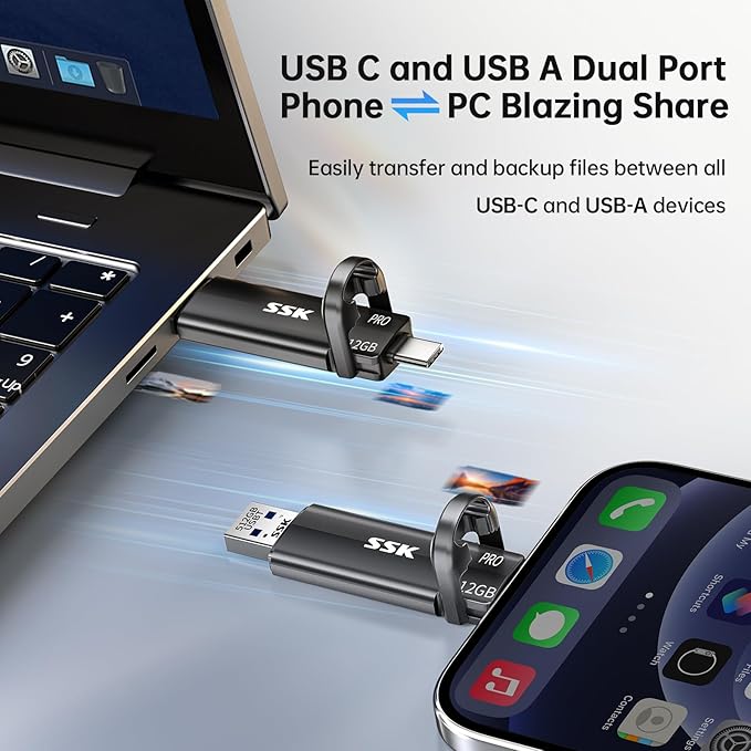 SSK USB Flash Drive 512GB SSD External, TLC NAND Solid State Drive Dual USBC & USBA Ports, Up to 1000MB/s High-Speed Portable 1TB USB Thumb Drive Stick for iPhone 15/16/17 Pro, Mac, Android, PC Backup