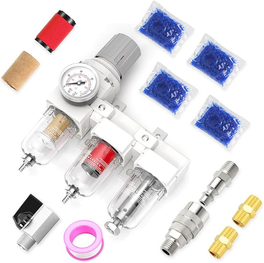 1/4" NPT 3 Stage Aluminium Air Drying System with 150PSI Gauge, Coalescing Filter, Particulate Filter, Desiccant Dryer and Air Regulator, Manual Drain For Plasma Cutter and Paint Spray