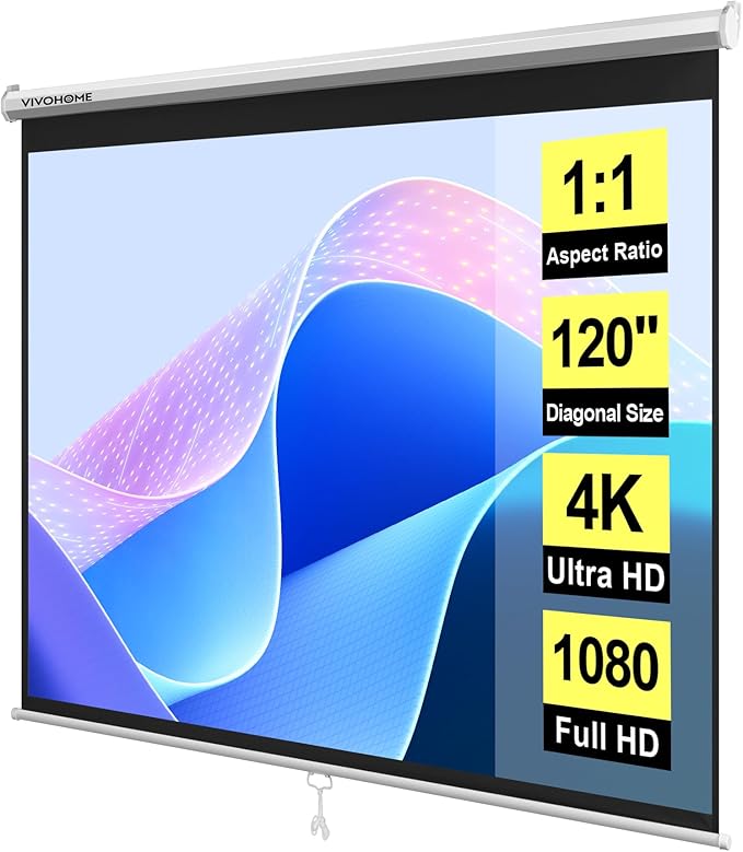 VIVOHOME 120 Inch 1:1 Pull Down Projector Screen, HD 4K Retractable Movie Screen for Indoor Home Theater and Office, Manual Projection Screen with Auto Locking (84Wx84H Inch Display Area)
