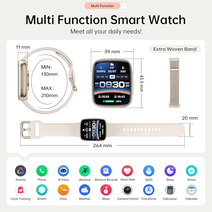 Latest Smart Watches for Women & Men - Performance Upgraded, 1.85-inch AMOLED HD Display (390x450), 12-Day Battery Life, 3ATM Waterproof (30m), Call, Health Monitoring, Fitness Tracker (Beige)