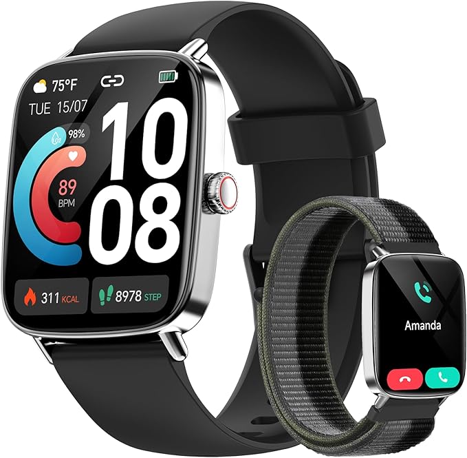 Smart Watch for Men Women, 1.85" HD Smartwatch Compatible iPhone/Samsung/Android (Answer/Make Calls), 100+ Sport Modes Fitness Tracker with Heart Rate/Sleep/SpO2 Monitor, IP68 Waterproof, with 2 Bands
