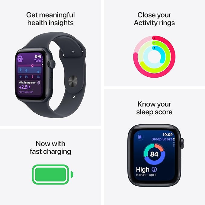 Apple Watch SE 3 [GPS 44mm] Smartwatch with Midnight Aluminium Case with Midnight Sport Band - M/L. Fitness and Sleep Trackers, Heart Rate Monitor with AppleCare+ (2 Years)