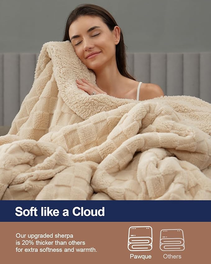Pawque Super Soft Cozy Throw Blanket King Size for Couch Bed, Fluffy Sherpa Fleece Reversible Thick Warm Fuzzy Blanket for All-Season, 3D Checkered Jacquard Decorative Blankets, Khaki, 108"x90"