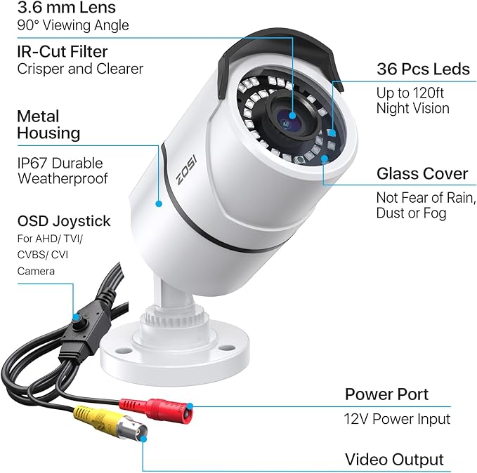 ZOSI 2MP 1080p Security Camera Outdoor Indoor (Hybrid 4-in-1 CVI/TVI/AHD/960H Analog CVBS), Night Vision, Weatherproof Surveillance CCTV Bullet Camera