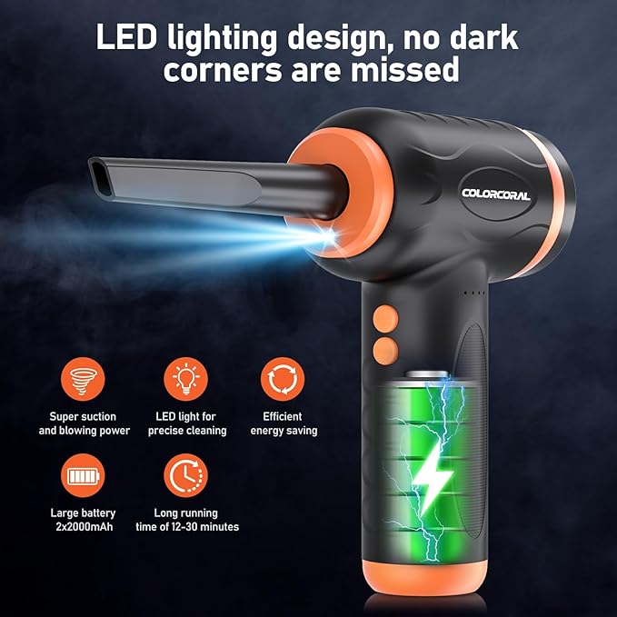 COLORCORAL 12-in-1 Cordless Compressed Air Duster with 2-Speeds 120,000RPM, LED Light, Computer Vacuum Air Duster 2-in-1, Perfect for Deep Cleaning Keyboards, PCs, Cars, and Electronics