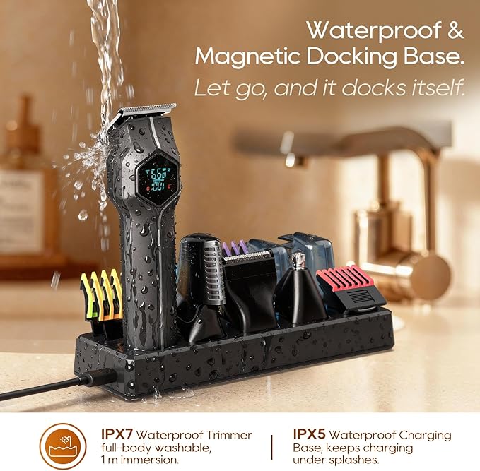 Beard Trimmer for Men, Magnetic Snap-on Replacement Heads & Charging Dock, IPX7 Waterproof Cordless Hair Clippers, Mens Grooming Kits for Mustache/Body/Face/Ear/Nose, Gray
