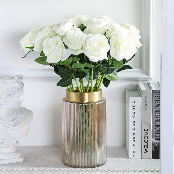 White Fake Roses Artificial Flowers - 16 Pcs Fake Artificial Roses Silk Flowers with Stems for Home Wedding Hotel Office Centerpiece Decor