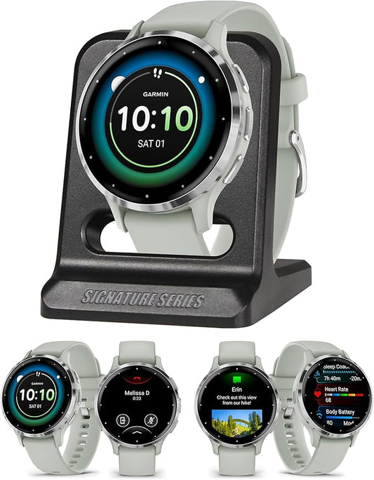 Garmin Venu 3S Running GPS Smartwatch with AMOLED Display, Advanced Health, Fitness Features, Up to 14 Day Battery Life with Signature Series Modern Power Stand | Silver with Sage Gray Silicone Band