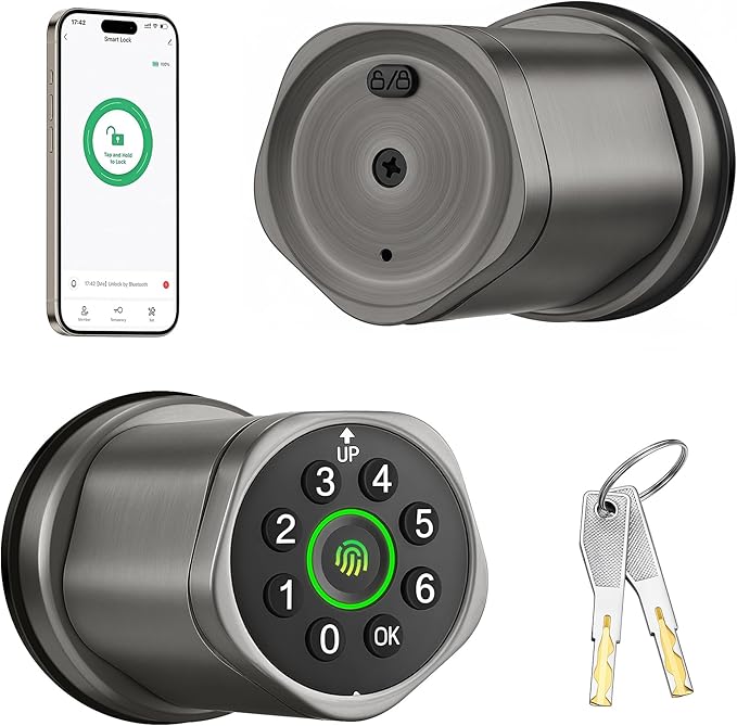 Leydebong 4-in-1 Smart Door Lock with Fingerprint and Keypad - Keyless Entry Electronic Lock with App Control - Easy Installation Smart Door Knob with Code in Gunmetal Gray