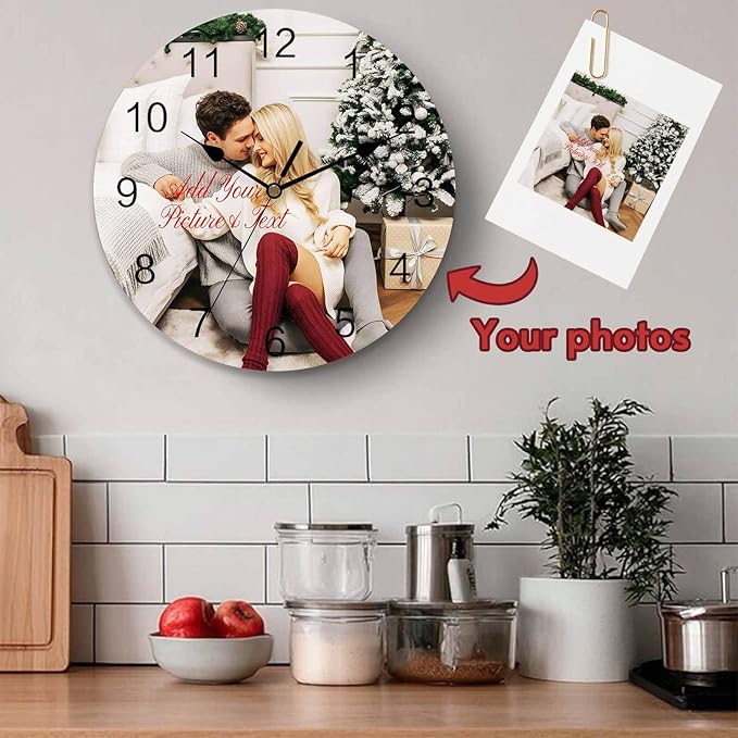 Personalized Clocks with Picture/Text, Custom Photo Silent Wall Clock Non Ticking, Wall Clocks Decorations for Kitchen, Bedroom, Living Room, Idea Gifts for Him Her Christmas (10", 12", 14")