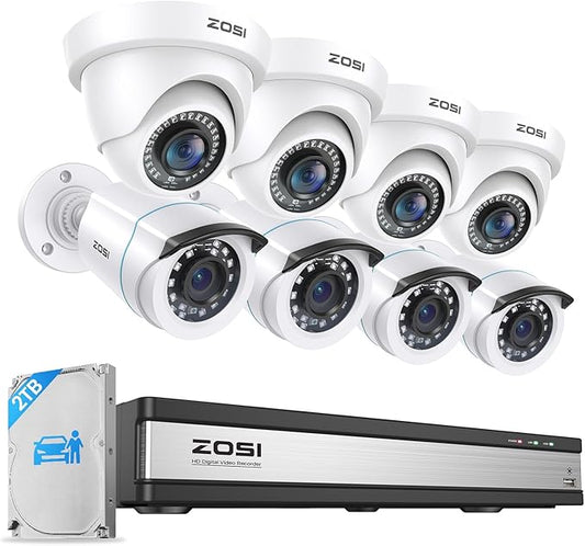 ZOSI Full 1080p 16 Channel Home Security Camera System with AI Human Vehicle Detect, 8 x 1080p Weatherproof CCTV Bullet Dome Camera Outdoor, H.265+ 16CH DVR with 2TB HDD, Night Vision, Alert Push
