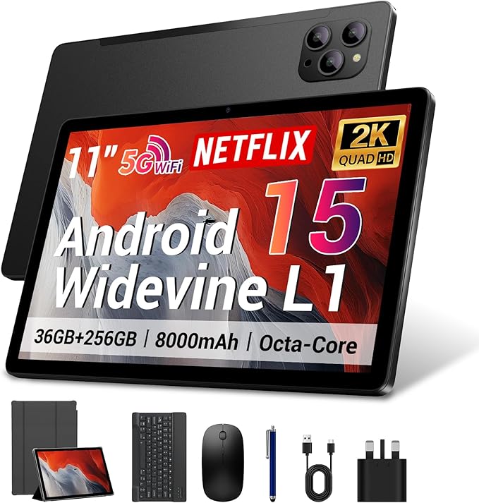 2025 Android 15 Tablet 11 Inch with Keyboard Stylus Mouse: 2K IPS Tablette (2000x1200) 丨Widevine L1,36GB+256GB(1TB TF), 5G/2.4G WiFi, 8-Core, 8000mAh,8+13MP, AnTuTu 255K丨GMS丨FCC丨CE- Black