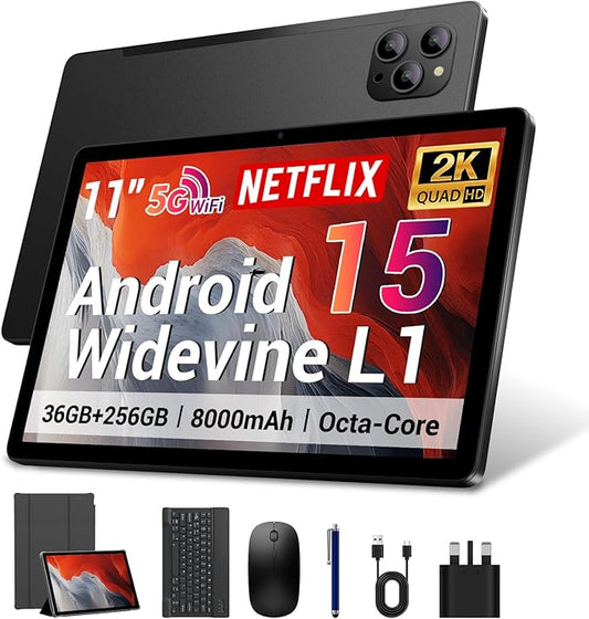 2025 Android 15 Tablet 11 Inch with Keyboard Stylus Mouse: 2K IPS Tablette (2000x1200) 丨Widevine L1,36GB+256GB(1TB TF), 5G/2.4G WiFi, 8-Core, 8000mAh,8+13MP, AnTuTu 255K丨GMS丨FCC丨CE- Black
