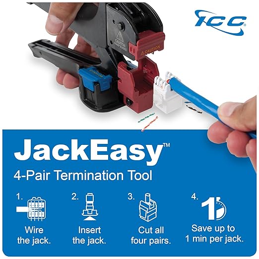 ICC CAT6A Keystone Jack with Slim Profile 180 Degree Punch Down, 10Gbps RJ45 UL Listed PoE++ TAA Compliant for Wall Plate or Patch Panel, Works with JackEasy Termination Tool, Black