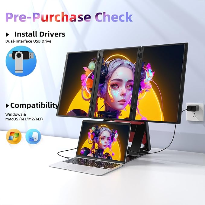 Quad Laptop Screen Extender, 15.6" FHD 1080P Triple Monitor, Combine into One 30" Screen (Landscape/Portrait), Just 1 Cable for 3 Screens, Driver Required, Compatible with Wins & Mac(M1/M2/ M3/M4/M5)