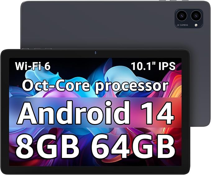 Tablet 10.1 inch, Android 14 Tablets with Octa-core Processor, 8GB + 64GB Storage Up to 1TB Expandable, HD IPS Screen, Long Battery Life, WiFi6, Fast & Portable Tablet for Work & Entertainment