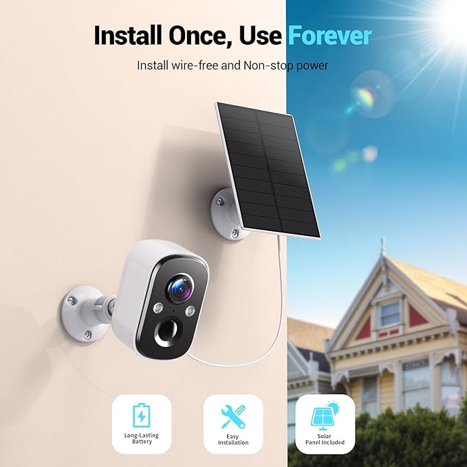 Techage Solar Security Cameras Wireless Outdoor, 2K Battery Powered WiFi Cameras for Home Security with AI Motion Detection, Color Night Vision, 2-Way Talk, IP66 Waterproof, Cloud/SD Storage