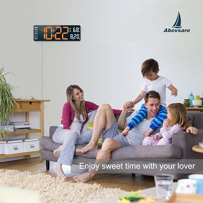 Abovsare Digital Wall Clock for Living Room Decor, Desk Alarm Clock for Bedroom, Large Wall Clock with Remote Control, Automatic Brightness Dimmer LED Clock with Date Temperature Week (Orange-B)