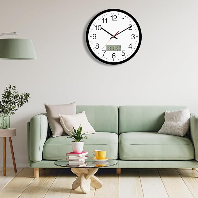12" Digital Wall Clock with Temp Week Switchable Time and Perprtual Calendar on LCD Display, Silent Battery Operated Analog Clock for Bedroom Classroom Office Garage (Black)