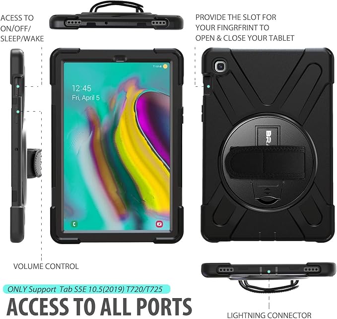 BRAECN for Samsung Galaxy Tab S5e Case 10.5 inch 2019, Heavy Duty Shockproof Case with 360 Rotating Kickstand/Hand Strap&Shoulder Strap for Galaxy Tab S5e 10.5‘’ Tablet SM-T720/SM-T725-Black