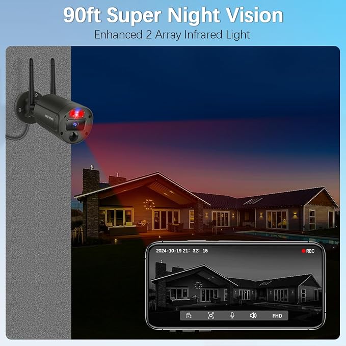 【90 Days Storage & 130° Wide Angle】 Outdoor Wireless Security Camera System, Wireless Cameras for Home Security, WiFi Video Surveillance DVR Kits