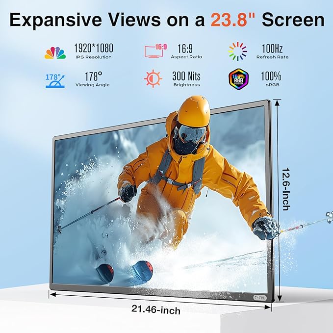 23.8" Large Portable Monitor, 1080P FHD 100Hz IPS Display, Height-Adjustable & Rotatable Screen (Portrait/Landscape), Built-in Speakers, VESA Mount, Second Monitor for Laptop, MacBook, PC
