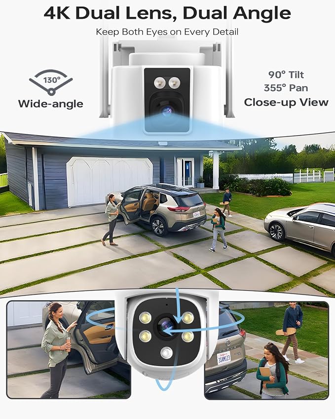 Wireless Security Camera System for Home, Wkkengd Dual Lens 2K+2K Auto Tracking Outdoor Surveillance | 2 Cameras with 10CH NVR | 12.5" Monitor with 128G| Color Night Vision | WiFi 6 | Alexa Compatible