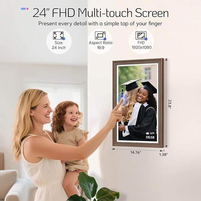 NexFoto Large Digital Picture Frame 24 Inch Touchscreen, WiFi Electronic Photo Frame 64GB, Add Pics from Google Photos, Upload Photo/Video via App/USB, Gifts for Christmas/Mom/Grandparents, Walnut