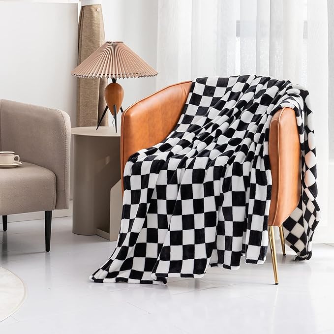 LOMAO Throw Blankets Flannel Blanket with Checkerboard Grid Pattern Soft Throw Blanket for Couch, Bed, Sofa Luxurious Warm and Cozy for All Seasons (Black, 40"x50")
