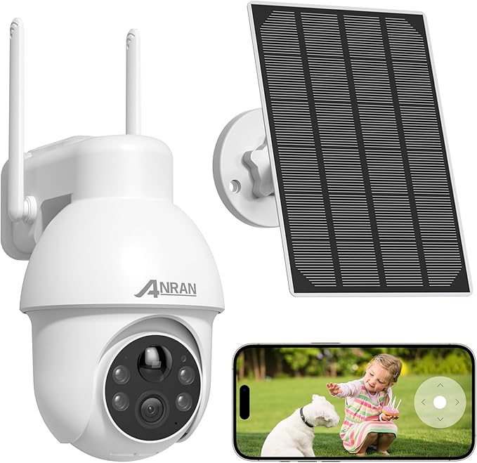 ANRAN 2K Solar Security Camera Outdoor Wireless, WiFi Camera Battery-Powered with 360° PTZ for Home Security, 3MP Color Night Vision, PIR Motion Detection, Two-Way Audio, Compatible with Alexa