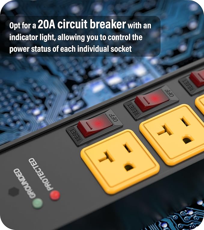 CCCEI Heavy Duty Surge Protector Power Strip 20 Amp Individual Switches. 25FT 12 Gauge Extension Cord with Multiple Outlets. Kitchen, Garage, Shop, Industrial Wall Mount Electric Extender, Yellow.