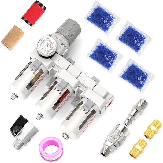 3/8" NPT 3 Stage Aluminium Air Drying System with 150PSI Gauge, Coalescing Filter, Particulate Filter, Desiccant Dryer and Air Regulator, Manual Drain For Plasma Cutter and Paint Spray