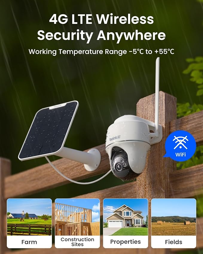REOLINK 4K 4G LTE 360° Cellular Security Camera Wireless Outdoor +128G SD Card - 4Pack, No WiFi Solar Powered, SIM Card Included, 8MP Color Night Vision, Local/Cloud Storage, Go PT Ultra+Solar Panel 2