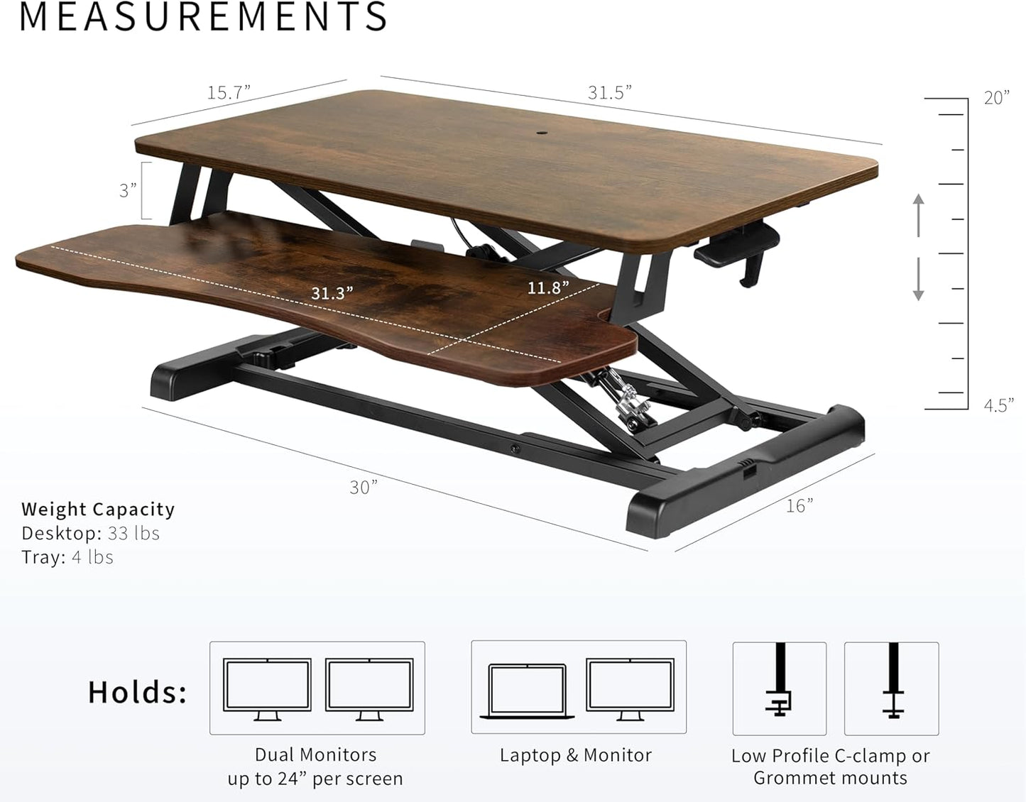 VIVO 32 inch Desk Converter, K Series, Height Adjustable Sit to Stand Riser, Dual Monitor and Laptop Workstation with Wide Keyboard Tray, Vintage Brown Top, Black Frame, DESK-V000KN