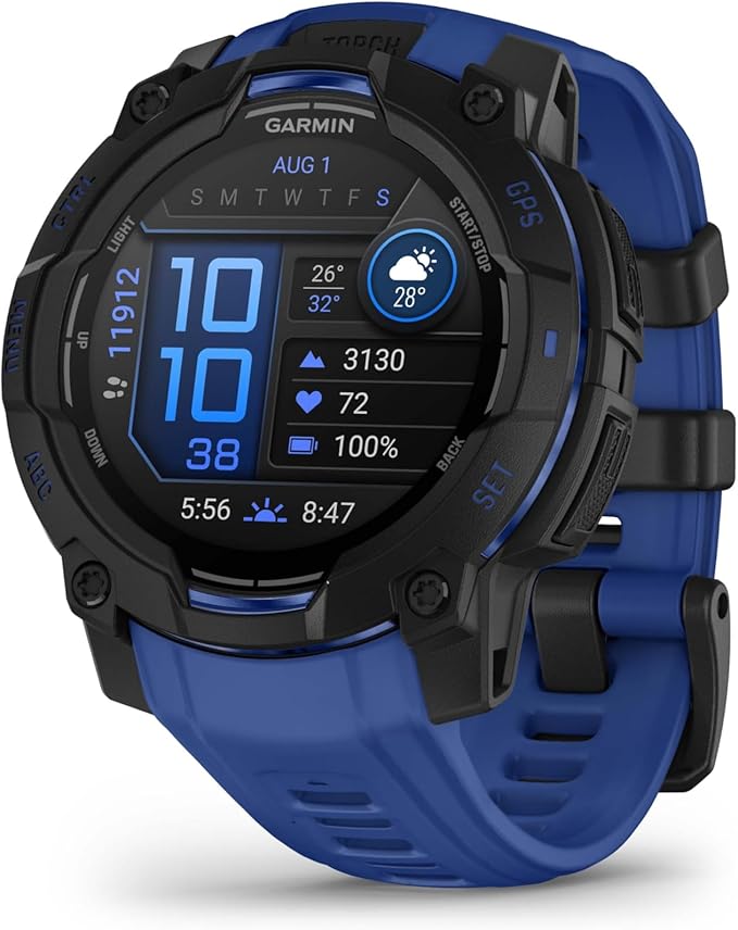 Garmin Instinct® 3 – 45 mm, AMOLED Display, Rugged Outdoor GPS Smartwatch, Built-in Flashlight, Supernova Collection Limited Edition Color, Black with Bolt Blue/Black Silicone Band