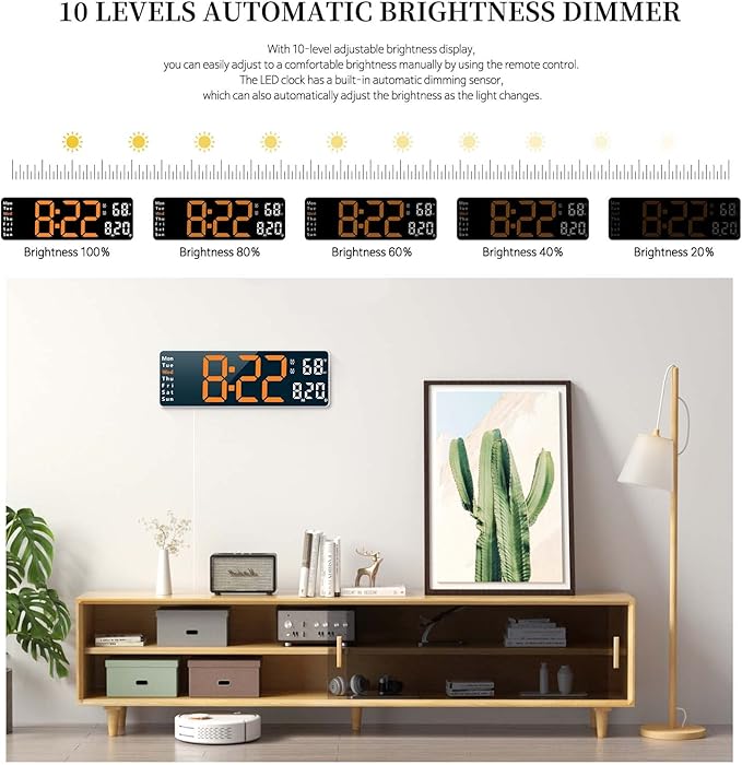 Digital Clock, Digital Wall Clock for Living Room Decor, Desk Alarm Clock for Bedroom, Large Wall Clock with Remote Control, Automatic Brightness Dimmer LED Clock with Date Temperature Week (Orange-W)