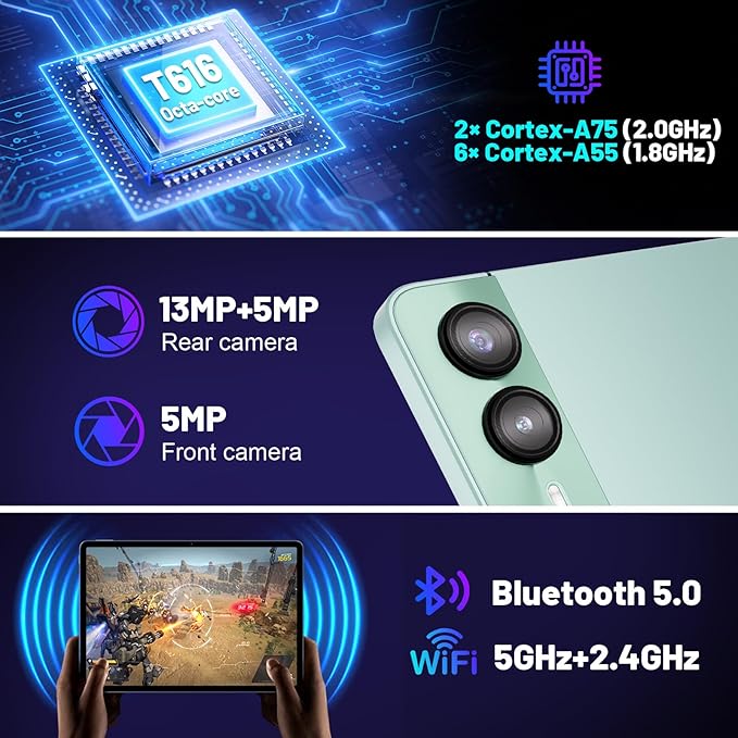 Android 14 Tablet 11 Inch, 18GB RAM 128GB ROM 1TB Expand, Octa-Core 2.0GHz CPU,5G WiFi, 2K Display, 13MP+5MP+5MP Camera, 9000mAh Battery, Electronic Tablets with Keyboard Case Stylus(Green)