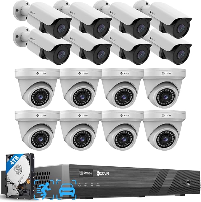 4COVR 4K 16 Channel PoE Security Camera System for Business, Ultra-HD NVR 4TB HDD, Human Vehicle Detection, 8 Dome 8 Bullet 8MP IP67 Commercial IP Camera, Night Vision, 24/7 Recording, LYH37E8M1616